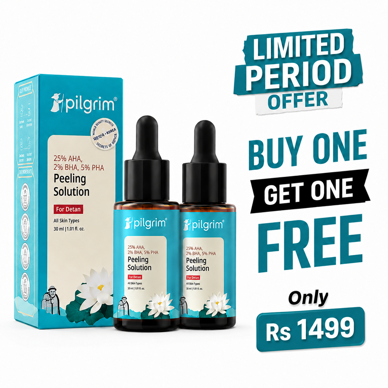 (Buy 1 Get 1 Free) Pilgrim 25% AHA + 2% BHA + 5% PHA Peeling Solution
